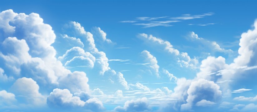 A painting featuring a bright blue sky as a backdrop, showcasing fluffy white clouds floating peacefully across the canvas on a sunny day.