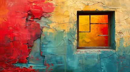Recurso gráfico de pared con pintura desgastada y marco de ventana. 
