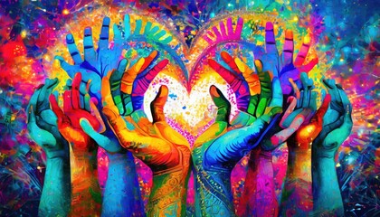 Vibrant abstract hand heart shapes conveying passionate love in a colorful artistic depiction - obrazy, fototapety, plakaty