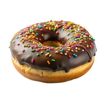 Chocolate donut with colorful sprinkles isolated on transparent background.