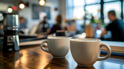Morning Brew Coffee Cups on Office Table with Employees. - obrazy, fototapety, plakaty