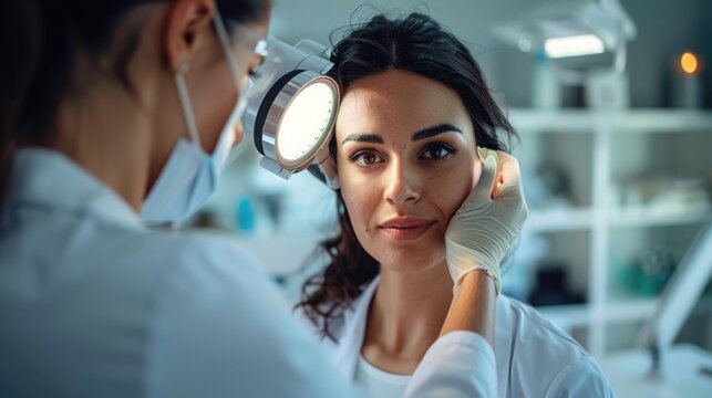A dermatologist in a modern clinic examining a patient's skin with a magnifying lamp, focusing on a mole, with a calm and professional demeanor, in a clean and well-lit examination room