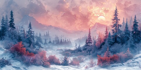 Beautiful winter nature landscape, amazing mountain view. Scenic image of woodland. Frosty day on...