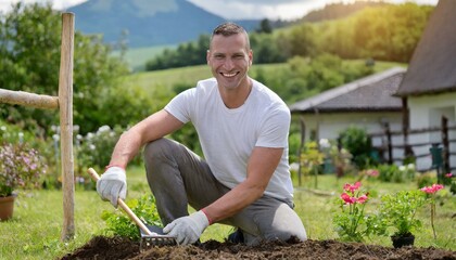 A young male gardener smiling while working