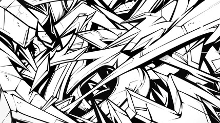 An abstract black and white illustration with sharp, angular shapes