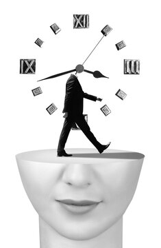 Collage with a female head, headless man and clock face on background