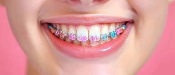 Beautiful smile of a girl with braces colorful on her teeth, straight teeth using orthodontic technologies. Advertising dentistry, orthodontic services