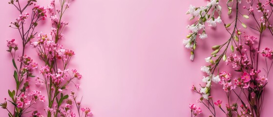 pink flowers and white leaf on pink background wallpaper with free space