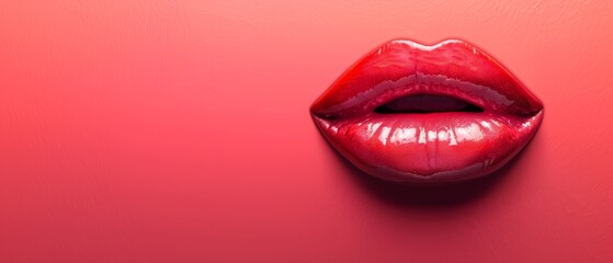 Sexy Red Lips close up. Beautiful red Lip Gloss. Cosmetic. mouth open, big lips. Cosmetic beauty procedures, image Picture to design with lots of space on red background