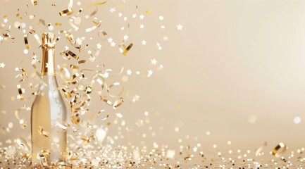 Champagne bottle with golden confetti swirling and dangling, minimalist background, light gray and beige. Happy Birthday celebration, gold stars, copy space.