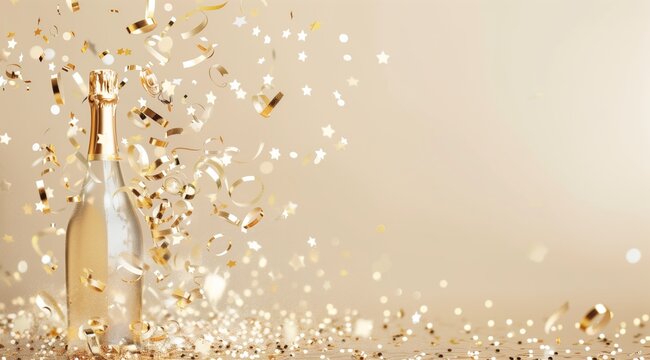 Champagne bottle with golden confetti swirling and dangling, minimalist background, light gray and beige. Happy Birthday celebration, gold stars, copy space.