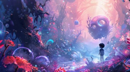 A child stands in awe in a vibrant, otherworldly forest filled with fantastical flora and floating glowing orbs - obrazy, fototapety, plakaty