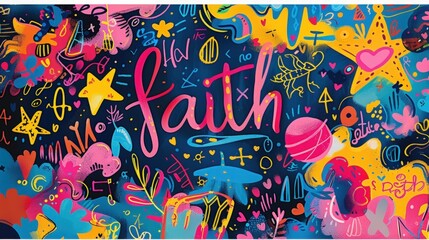 A vibrant and colorful graffiti-style artwork featuring the word "faith" among a myriad of whimsical doodles and shapes