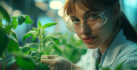 Young woman agronomist taking care about tomato sprout in greenhouse. Plant protection industry. Generative AI - 753866420