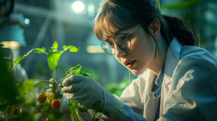 Young woman agronomist taking care about tomato sprout in greenhouse. Plant protection industry. Generative AI - 753866427