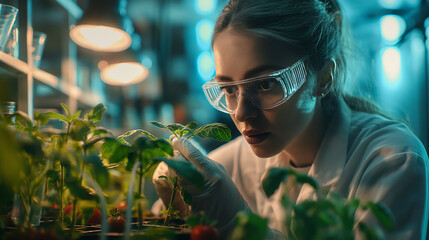 Young woman agronomist taking care about tomato sprout in greenhouse. Plant protection industry. Generative AI - 753866428