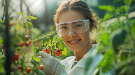 Young woman agronomist taking care about tomato plant in greenhouse. Plant protection industry. Generative AI - 753866457