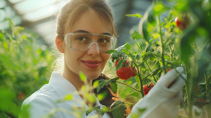 Young woman agronomist taking care about tomato plant in greenhouse. Plant protection industry. Generative AI - 753866477