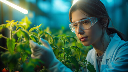 Young woman agronomist taking care about tomato plant in greenhouse. Plant protection industry. Generative AI - 753866478