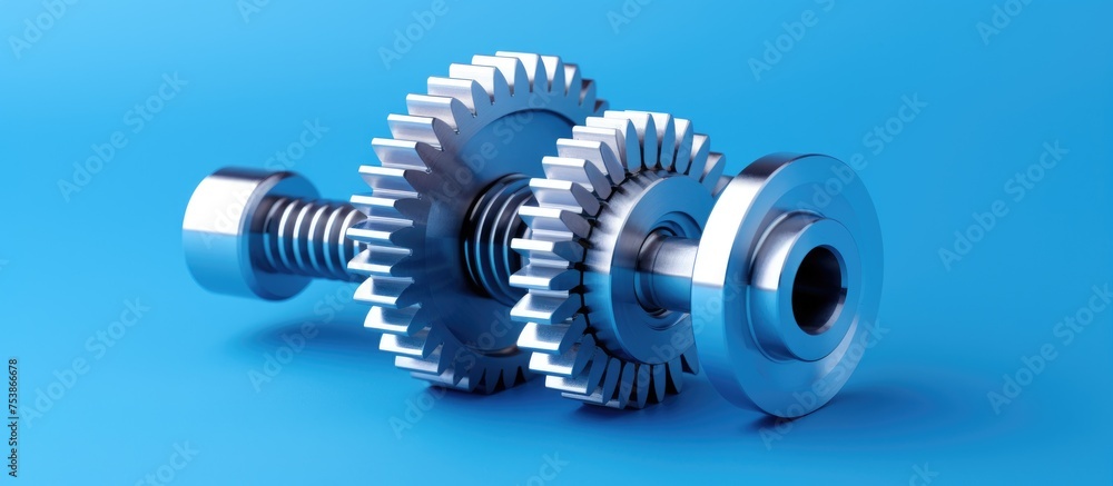 Poster two metallic gears, one with teeth meshing with the other, are placed on a smooth, blue surface. the