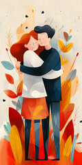 A man and woman embrace in front of colorful leaves in a beautiful painting