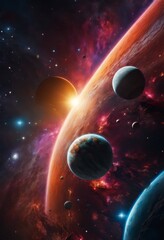 illustration, exploring vastness vibrant illustration depicting fabric space time, galaxies, planets, universe, expanse, vivid, expansive, colorful, energy, artwork