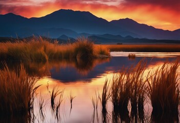 Landscape, water, sunset, reflection, illustration, ,refresh, ,Gently, Land, plant, mountain, ,Peaceful, View, Grass, image, multi colored, - obrazy, fototapety, plakaty