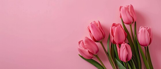 Tulip flowers on pink background top view in flat lay style, with free space to write. 