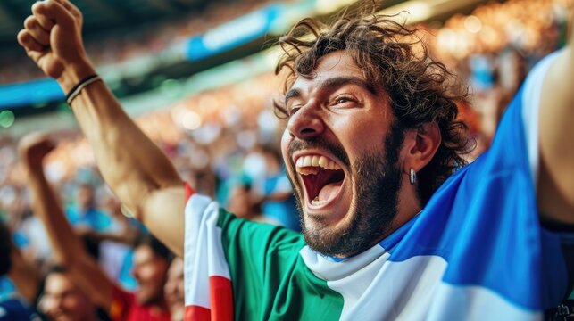 A happy fan at a public event in a stadium, holding an Italian flag with a smile and making a gesture, while enjoying the fun and leisure with a cheering crowd. AIG41 - Powered by Adobe