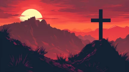 Fotobehang A cross silhouetted against a dramatic mountainous sunset © StasySin