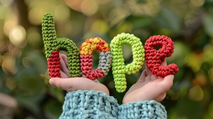Hands holding colorful crocheted letters spelling "HOPE"