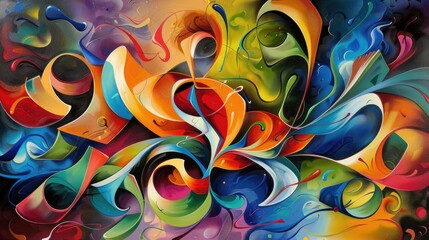 A vibrant and abstract painting with swirling colors and shapes