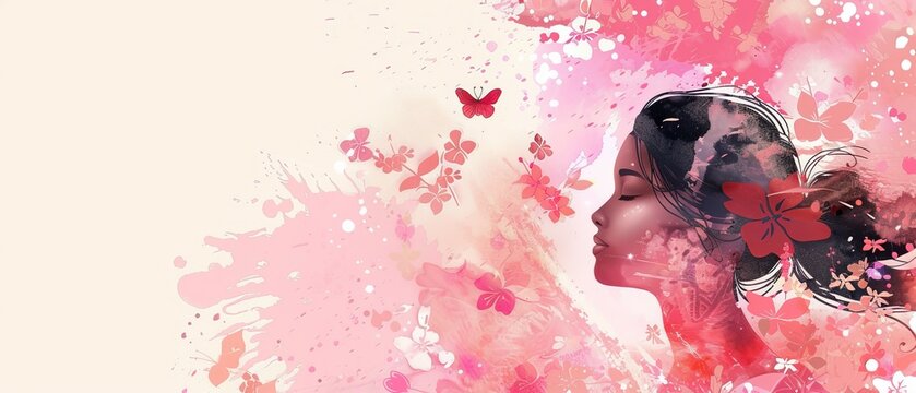 abstract watercolor background with young girl pink with free space for text