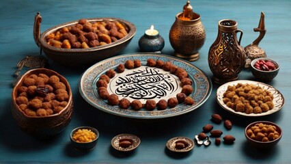 Traditional Islamic calligraphy, Ramadan, Arabic style, lantern, moon, dates, food, syrup, desert, sunset, Eid al-Fitr card, Arabic dress, gift box, sweet.,the gentle call of Adhan sharing joyous hugs