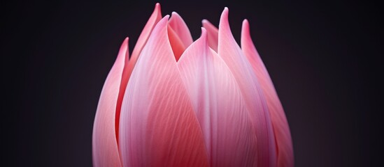 A close up view of a pink flower against a black backdrop, showcasing the delicate details and vibrant color of the bloom.