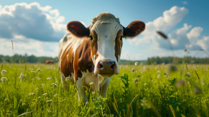 Close-up of a cow walking and grazing in a green valley. Concept of nature, agriculture. - Powered by Adobe