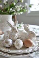 Fototapeta na wymiar Two ceramic bunnies, a white plate, painted Easter eggs.