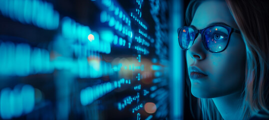 a programing expert, examining a futuristic digital display, with copy space