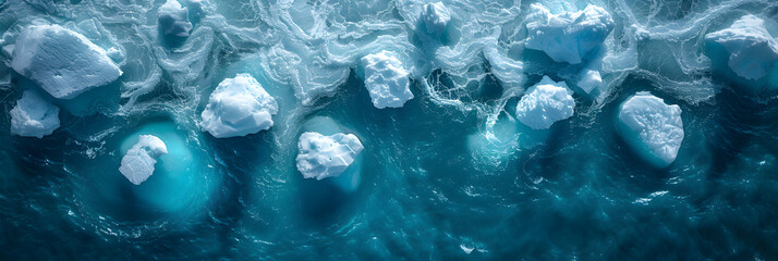 Minimalist Aerial of Icebergs in Iceland ,
An aerial view of icebergs with blue water and the word ice on the bottom
 - obrazy, fototapety, plakaty