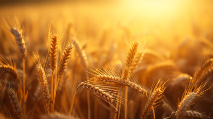Close-up of golden ears of wheat in an agricultural field at sunset. Rich harvest concept. - obrazy, fototapety, plakaty
