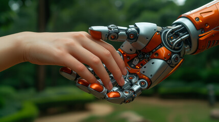 Close-up of a robot's hand touching a human hand on a dark background. Robot-human contact. Working together. Concept of technology, relationship.