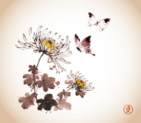 Ink wash painting with vivid chrysanthemum on white background. Traditional oriental ink painting sumi-e, u-sin, go-hua in vintage style. Translation of hieroglyph - zen - 753869407