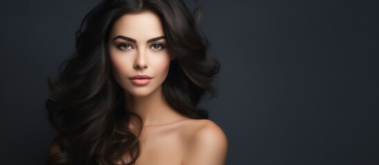 Fototapeta premium A painting capturing a young woman with long black hair, exuding glamour and sensuality. Her beautiful face and striking hairstyle enhance her attractiveness and femininity in the world of fashion.