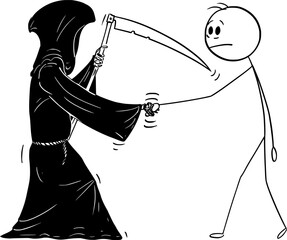 Person Shaking Hands With Death or Grim Reaper, Vector Cartoon Stick Figure Illustration - 753869460