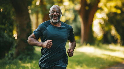 Portrait of an adult black man jogging in the park early in the morning, listening to music. Fitness, health and energy concept. - obrazy, fototapety, plakaty