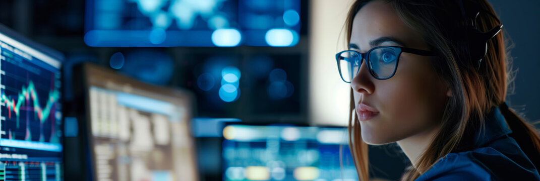 a cybersecurity business expert, examining a high tech digital display, with copy space