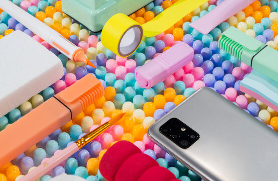 office supply on bubble background.