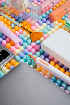 office supply on bubble background.