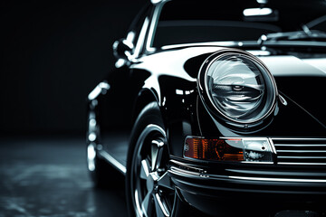 Closeup on a generic and unbranded old black car isolated on a dark background