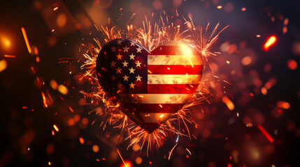 American flag in the shape of a heart with fireworks on a dark background. Holidays concept, independence.